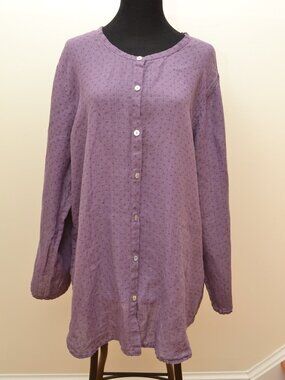 FLAX Purple Tunic Top 100% Linen Button Up Roll Sleeve Round Collar Womens Sz L